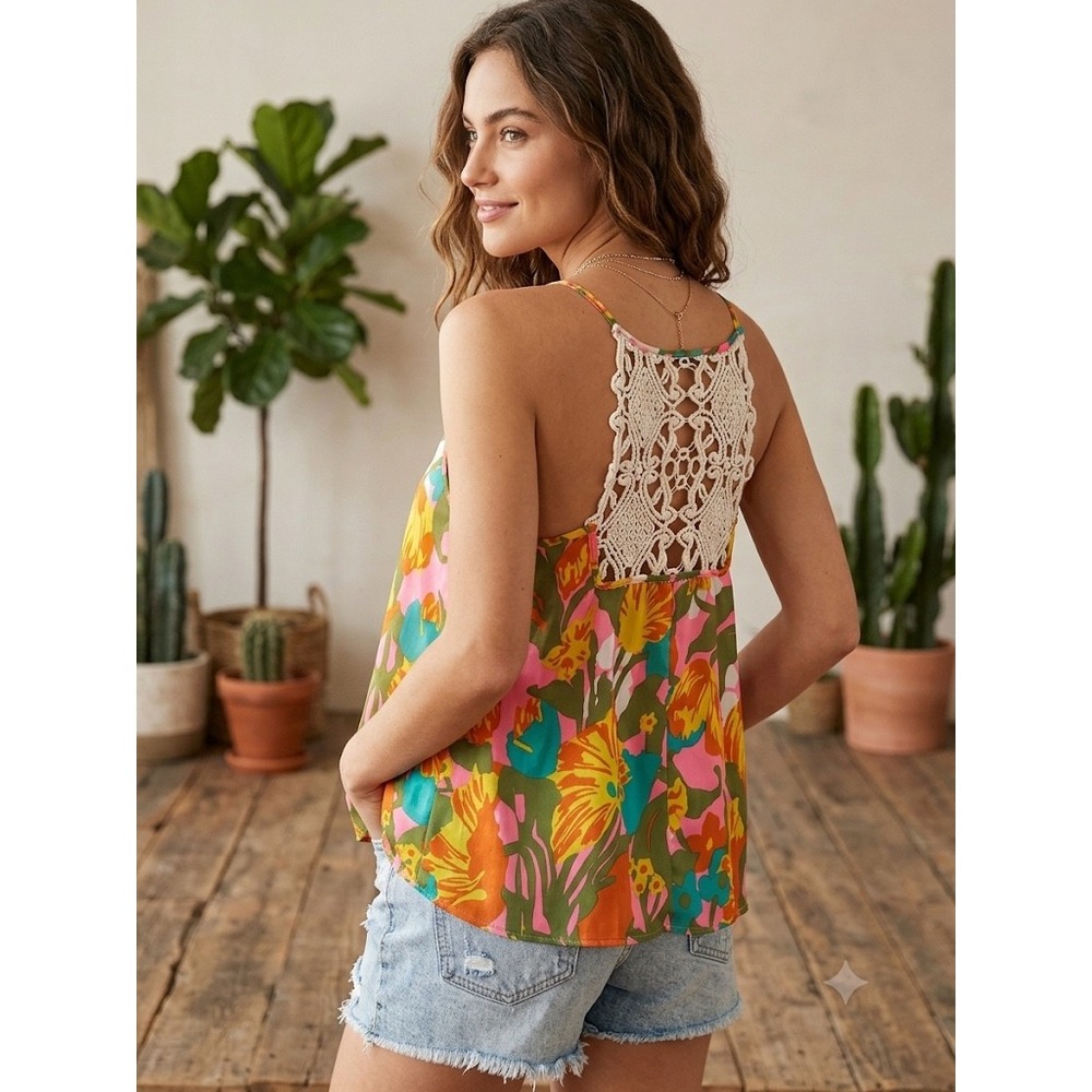 Judith March Floral Boho Cami Tank Top Crochet Lace Back Vibrant Retro Large